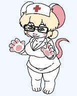 big_breasts blond cleavage closed_mouth clothed ear female front_facing glasses medical mouse neutral nurse nurse_hat nurse_uniform red_cross soyjak subvariant:neutralplier terrible_mouse variant:markiplier_soyjak white_fur yellow_sclera // 1024x1280 // 39.9KB