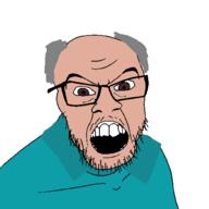 angry brown_eyes clothes glasses grey_hair mustache open_mouth soyjak stubble variant:feraljak white_skin // 1500x1500 // 65.7KB