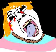 ack artist:s black_sclera blood crying dead edit flag flag:transgender_pride_flag glasses hair hanging no_eyes open_mouth orange_hair rope soyjak stubble suicide tongue tranny variant:bernd yellow_teeth // 647x599 // 208.6KB