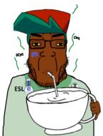 award brown_skin clothes coffee cross_eyed cup discord discord_logo_facial_mark drinking drinking_straw ear esl facial_mark flag flag:minor_attracted_person flies fnf_pedo hand hat holding_object looking_at_you mug pedophile series:esl_pedo_league sip soyjak stink_lines stubble subvariant:chudplier subvariant:impdrink variant:impish_soyak_ears variant:markiplier_soyjak yellow_sclera // 728x966 // 274.9KB