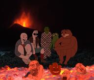 2soyjaks apu black_skin boomer closed_mouth clothes ear frog full_body glasses hair hat irl_background judaism kippah mustache negro nsfw open_mouth penis pepe purple_hair soyjak spurdo stubble tongue tranny variant:bernd variant:markiplier_soyjak2 volcano wojak // 1500x1274 // 1.1MB