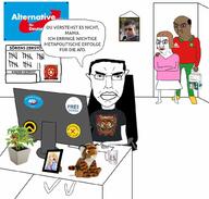 3soyjaks adidas afd angry anime balding brown_hair brown_skin closed_mouth clothes cup diaper ear father frame full_body german_text glasses hair identitarian mother niggerbabble plant plush sakurasou_no_pet_na_kanojo shiina_mashiro soyjak speech_bubble subvariant:chudjak_front text tiger variant:chudjak // 1024x976 // 139.8KB