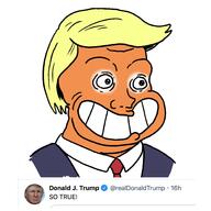 calarts clothes donald_trump grin hair necktie orange_skin smile so_true soyjak suit text tweet variant:soyak yellow_hair // 2000x2000 // 257.6KB
