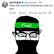 arabic_text balaclava closed_mouth crying ear glasses hair hamas islam its_over joel_pollak palestine poljak pun qassam screenshot soyjak subvariant:chudjak_front terrorist text thick_eyebrows twitter user:warrior-z variant:chudjak // 3464x3464 // 660.9KB