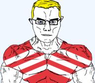 arm aryan blue_eyes british buff closed_mouth clothes ear flag flag:glamorgan glamorgan glasses hair soyjak subvariant:chudjak_front subvariant:muscular_chud tshirt united_kingdom variant:chudjak vein wales yellow_hair // 1059x929 // 92.5KB