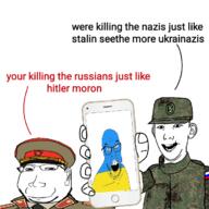 3soyjaks arm camouflage clothes collar_tabs communism ear emr_pattern eyelids flag glasses hammer_and_sickle hand hat holding_object kgb military military_cap military_uniform mustache necktie open_mouth phone russia russo_ukrainian_war small_eyes smile soyjak star stubble subvariant:massjak subvariant:wholesome_soyjak suit text ukraine uniform variant:carterjak variant:feraljak variant:gapejak variant:kuzjak // 744x744 // 284.6KB