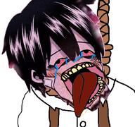 anime bloodshot_eyes clothes crying hair hanging lee_hooni mustache open_mouth patch pink_skin rope soyjak stubble suicide suicide_boy tongue variant:bernd yellow_teeth // 768x719 // 473.0KB