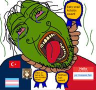 award bloodshot_eyes flag:france flag:transgender_pride_flag flag:turkiye france frog green_skin hair hanging hello_my_name_is_(sticker) meta:namefags moustache mouth_open rope tranime_girl turkiye turkroach variant:bernd yui_hirasawa_fan_(namefag) // 1683x1576 // 1.3MB