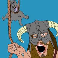 2soyjaks ack arm beard blue_eyes brown_hair clothes crying dunmer full_body grey_skin gynaecomastia hair hand hanging helmet holding_object holding_rope horned_helmet iron_helmet_(skyrim) jimmy_davis long_hair lynching mustache nord_(the_elder_scrolls) open_mouth penis red_eyes rope soy_parody soyjak stubble the_elder_scrolls the_elder_scrolls_v:_skyrim tiny_penis tongue variant:bernd variant:cobson video_game white_skin yellow_teeth // 1000x1000 // 301.4KB