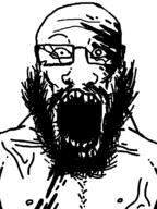 beard blood broken_glasses broken_teeth buff forehead_lines glasses nipple no_pupils open_mouth variant:markiplier_soyjak vein white_eyes withered // 600x800 // 71.8KB