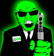 angry central_intelligence_agency clothes earpiece glasses glowing green_skin hand holding_object men_in_black mustache necktie neuralizer open_mouth soyjak stubble suit sunglasses trend:glowie variant:feraljak // 450x476 // 70.7KB