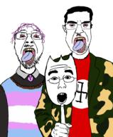 3soyjaks ack amerimutt_gothic arm bloodshot_eyes chud classical_art_parody clothes ear eyelashes glasses hair hand holding_object mustache nazism open_mouth painting purple_hair soyjak spork stubble swastika tongue tranny variant:bernd variant:chudjak variant:shirtjak yellow_teeth // 745x900 // 254.5KB