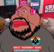 alyssa_mercante bald beard blacked brown_skin closed_mouth clothes cuck fat glasses grey_shirt gynaecomastia headphones irl_background kahlief_adams looking_to_the_left mutt obese queen_of_spades red_lips simp spade text variant:meximutt // 888x849 // 444.8KB