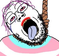 ack bloodshot_eyes crying dead flag:transgender_pride_flag hair hanging lipstick noose purple_hair rope subvariant:gapejak_front tongue tongue_out tranny trans transgender_flag troon troonella variant:gapejak white_background yellow_teeth // 763x722 // 56.1KB