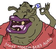amerimutt brown_skin flag flag:israel holding_object israel make_america_great_again nas:amerimutt nigger obese sweating yellow_teeth // 589x517 // 29.3KB