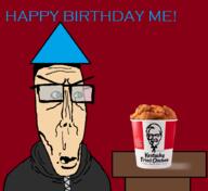 alfietheboorufag_(user) black_hood black_jacket bucket chicken clean_shaven cone_hat glasses green_eyes hair hoodie kfc meta:op_took_a_selfie_of_xerself ms_paint no_stubble open_mouth red_background shaved subvariant:euromutt table variant:markiplier_soyjak white_skin // 901x827 // 108.2KB
