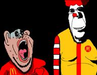 afro clothes clown glasses heart mcdonalds mutt open_mouth red_nose ronald_mcdonald scared soyjak stubble subvariant:hornyson subvariant:impish_amerimutt sweating variant:cobson variant:imipish_soyjak_ears // 2000x1547 // 501.4KB