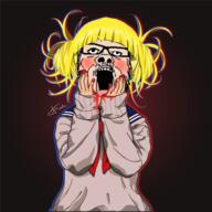 anime arm blood boku_no_hero_academia clothes ear earring glasses hand mustache open_mouth school_uniform soyjak stubble toga_himiko variant:a24_slowburn_soyjak white_skin yellow_hair // 640x640 // 370.4KB