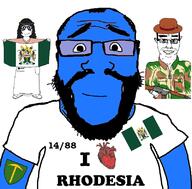 1488 3soyjaks blue_skin camouflage clothes flag:rhodesia full_body glasses military_uniform pickaxe rhodesia rhodesian_brushstroke smile stubble subvariant:chudjak_front subvariant:science_lover variant:chudjak variant:markiplier_soyjak variant:soytan zimbabwe // 800x789 // 171.0KB