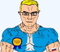 arm award blue_eyes buff christianity closed_mouth clothes crown eastern_orthodox farm farmer flag flag:russia flag:ulyanovsk_oblast glasses hair oblast orthodox_cross russia soyjak subvariant:chudjak_front subvariant:muscular_chud text transparent transparent_background tshirt ulyanovsk_oblast variant:chudjak vein yellow_hair // 1059x929 // 77.5KB