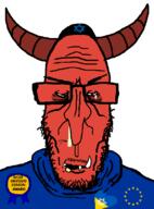 award bags_under_eyes bloodshot_eyes blue_shirt clothes crying demon demon_horns flag:european_union flag:ukraine glasses green_eyes hat hoodie horn jewish_nose jews judaism kippah obsessed open_mouth red_skin sharp_teeth slit_pupils small_eyes soyjak star_of_david stubble subvariant:euromutt variant:markiplier_soyjak white_background // 594x802 // 23.1KB