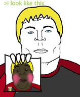 2soyjaks blue_eyes blush brown_skin closed_mouth greentext holding_phone i_look_like_this lips nate opposite phone soyjak subvariant:hunky_twink_sex_machine subvariant:terrence text trend:aryan variant:alicia yellow_hair // 592x720 // 61.0KB