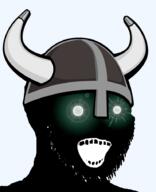 black_skin glowing_eyes green_eyes inverted open_mouth soyjak stubble thougher variant:soyak viking_helmet // 740x910 // 42.4KB