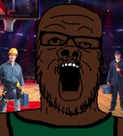 basketball bill_russel black_skin clothes irl irl_background mustache open_mouth plumber soyjak stubble variant:a24_slowburn_soyjak // 454x501 // 248.2KB