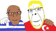 2soyjaks aryan blue_eyes brown_eyes brown_skin country flag flag:greece flag:turkiye friendship glasses greece hand happy looking_at_you no_more_brother_wars smile soyjak stubble turkiye variant:cobson variant:feraljak yellow_eyebrows yellow_hair yellow_stubble // 1920x1080 // 262.5KB
