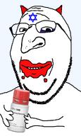adrenochrome arm big_nose black_eye blood demon evil glasses hand holding_object judaism kike satan smile soyjak star_of_david star_of_remphan stubble subvariant:wholesome_soyjak variant:gapejak // 600x1000 // 114.8KB