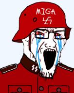 bloodshot_eyes clothes collar_tabs combat_helmet crying epaulettes glasses helmet historically_inaccurate looking_to_the_right maga miga military military_uniform nazism open_mouth politics schutzstaffel shitstika soyjak stretched_mouth stubble swastika text transparent_background variant:soyak // 599x755 // 166.5KB
