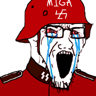 bloodshot_eyes clothes collar_tabs combat_helmet crying epaulettes glasses helmet historically_inaccurate looking_to_the_right maga miga military military_uniform nazism open_mouth politics schutzstaffel shitstika soyjak stretched_mouth stubble swastika text transparent_background variant:soyak // 599x755 // 166.5KB