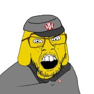 cap clothes dog ear glasses hat janny kolyma kuz logo mustache open_mouth soyjak stubble uniform variant:feraljak yellow yellow_skin // 1500x1500 // 482.5KB