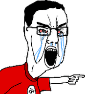 angry arm black_hair bloodshot_eyes chud crying eyebrows glasses hair hand leaking looking_to_the_right meta:not_oc nazism neck nose open_mouth pointing red_shirt seethe seething shaking swastika tear transparent_background variant:chudjak // 194x194 // 373.0KB