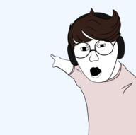 arm brown_hair clothes glasses hand open_mouth overtimepog pointing soyjak tshirt variant:two_pointing_soyjaks // 1839x1830 // 297.1KB