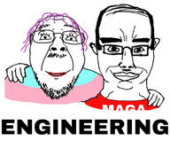 2soyjaks artist:sectionalism balding chud_troon_alliance closed_mouth clothes ear engineering friendship glasses hair maga mustache purple_hair smile soyjak stubble subvariant:chudjak_front text tranny variant:bernd variant:chudjak // 1620x1343 // 285.7KB