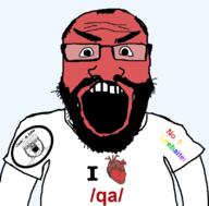 2soyjaks 4chan angry anti_soyjak barneyfag beard clothes glasses heart i_love open_mouth qa_(4chan) red soyjak stubble subvariant:science_lover tshirt variant:a24_slowburn_soyjak variant:markiplier_soyjak // 800x789 // 141.0KB