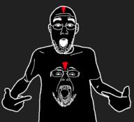 arm clothes ear glasses hand lil_darkie meta:tagme open_mouth rapper red soyjak stubble variant:shirtjak // 618x559 // 7.2KB