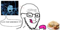 3soyjaks concerned glasses meta:tagme neuron open_mouth penis rape sandwich speech_bubble stubble subvariant:sinister teeth text tongue tongue_out variant:cobson variant:soyak // 1600x800 // 493.8KB