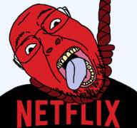clothes glasses hanging logo netflix open_mouth red_skin rope soyjak stubble suicide tongue tshirt variant:bernd // 768x719 // 21.2KB
