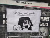 advertisement beanie finger glasses greek_text hair internet_is_leaking irl_background open_mouth operation_reality pointing poster soyjak_party variant:soytan // 4032x3016 // 4.7MB