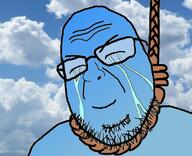 blue_skin calm closed_eyes closed_mouth crying hanging irl_background rope sky smile soyjak stubble variant:shotjak // 417x339 // 184.4KB