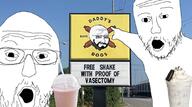 3soyjaks arm closed_mouth glasses hand irl_background open_mouth pointing smug soyjak stubble text variant:wojak // 1060x591 // 171.0KB