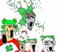 4chan anime arm bloodshot_eyes clothes crying full_body green_hair hair hand leg multiple_soyjaks open_mouth soyjak stretched_mouth stubble subvariant:wewjak thick_eyebrows tshirt variant:a24_slowburn_soyjak variant:cryboy_soyjak variant:soyak white_skin yotsoyba // 1024x914 // 900.7KB