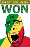 ahegao country emerald flag flag:congo gem glasses green green_eyes hair looking_up open_mouth republic_of_congo schlog_color_event soyjak soyjak_blog stubble teeth text threat_level_green variant:cobson won // 721x1115 // 152.9KB