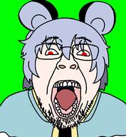 anime clothes ear female glasses green_background hair large_ear nazrin open_mouth red_eyes soyjak stubble tongue touhou variant:bernd video_game // 1200x1300 // 307.8KB