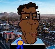 angry award big_lips black_skin botswana clothes flag:botswana glasses irl_background nigger rich smile smirk stubble subvariant:euroaryan subvariant:euromutt text variant:markiplier_soyjak wide_nose // 960x860 // 519.7KB