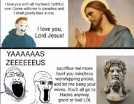 2soyjaks beard christianity deity english_text glasses halo hellenism jesus multiple_soyjaks open_mouth paganism religion soyjak statue stubble teeth text variant:markiplier_soyjak2 variant:soyak wojak zeus // 1080x837 // 746.0KB