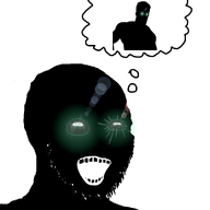 distorted gigachad glowing glowing_eyes happy imagination inverted nas:gigachad open_mouth soyjak speech_bubble subvariant:soyak_(crazed) thougher variant:soyak // 1000x1000 // 133.4KB