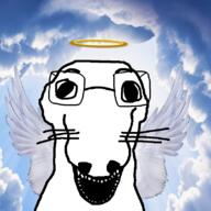 angel animal dog glasses halo heaven open_mouth soyjak variant:dogjak wing // 806x806 // 542.2KB